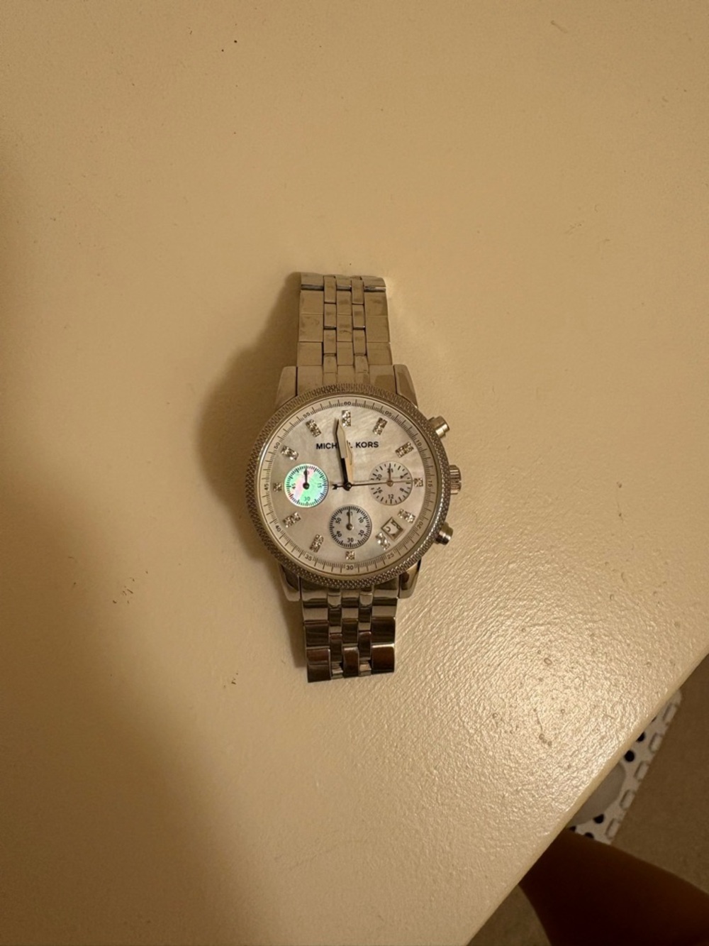 Michael Kors Silver and White Stainless Steel Chronograph Watch
